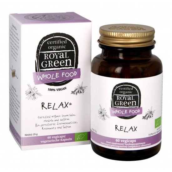 ROYAL GREEN BIO Relax maisto papildas atsipalaidavimui, stresui šafranas, rausvoji rodiolė